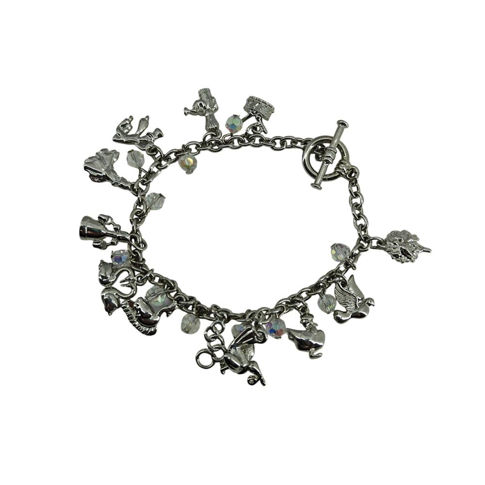 12 Days Of Christmas Silver Toned Dangle Chain Charm Bracelet